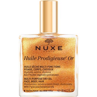 Nuxe Huile Prodigieuse Or 100 ml guldskimrande återfuktande hårolja i glasflaska med guldglitter och spraykork