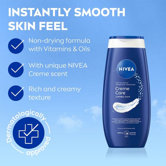 NIVEA Creme Care Shower 250 ml pleiende dusjsåpe i mørkeblå flaske med hudbeskyttende formel og Vitamins & Oils