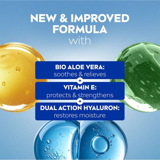 NIVEA After Sun Serum 100 ml rauhoittava seerumi sisältää Bio Aloe Veraa, E-vitamiinia ja hyaluronia väripisaroissa