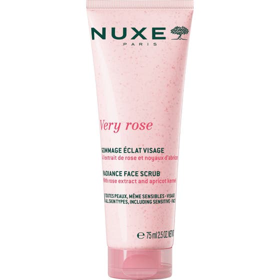 Nuxe Very Rose Radiance Face Scrub 75 ml ansiktsskrubb som gir glød i en lyserosa tube med små synlige korn.