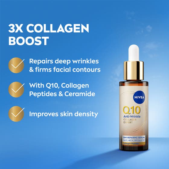 Nivea Q10 Collagen Expert 3IN1 Repairing Serum 30 ml i brun glasflaska med guldlock som ger fastare hud.