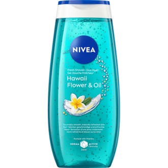 Nivea Hawaii Flower & Oil 250 ml virkistävä suihkugeeli turkoosissa pullossa jossa on valkoinen kukka ja öljyhelmiä