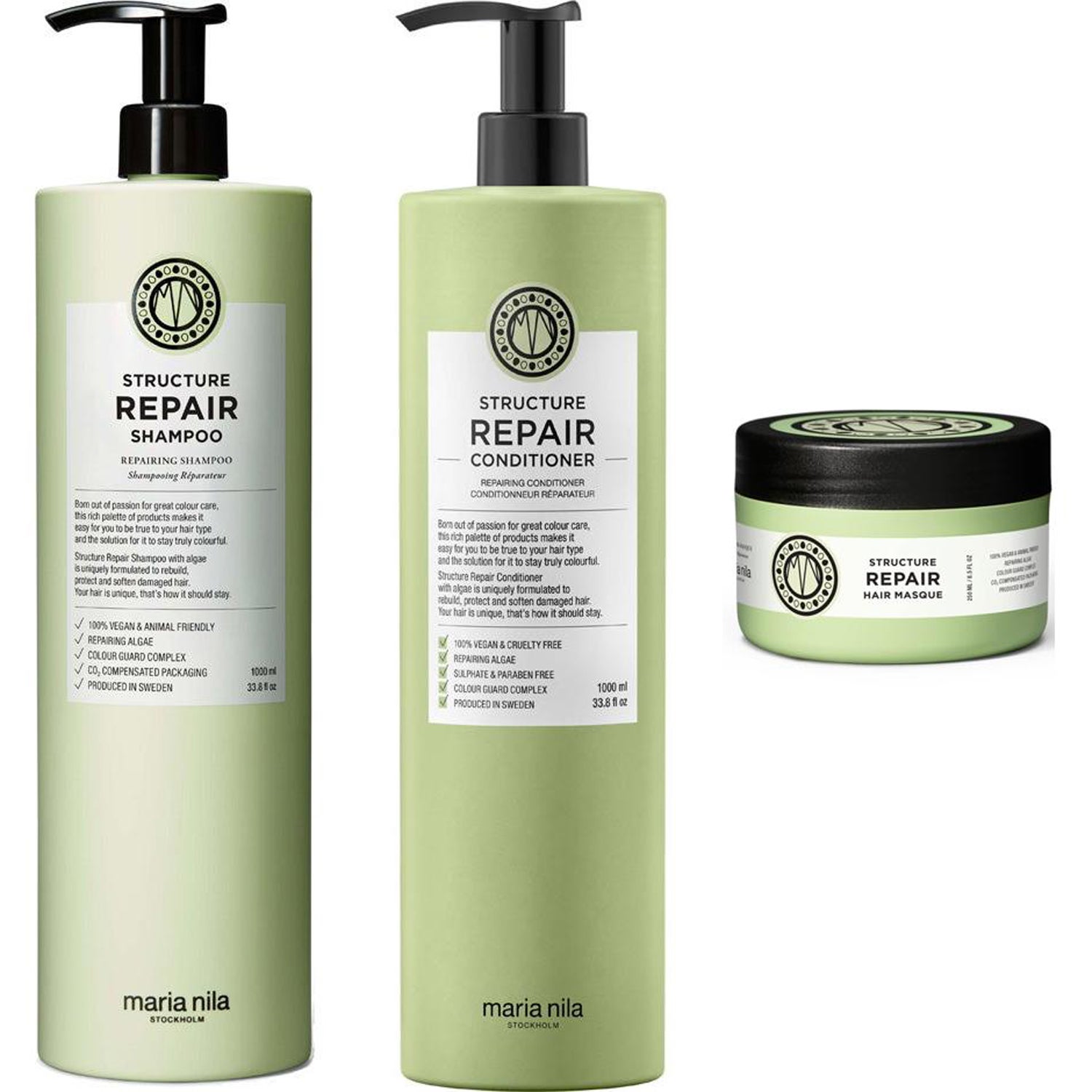 Maria Nila Structure Repair Trio Shampoo 1000ml, Conditioner 1000ml, Masque schampo & balsam dam