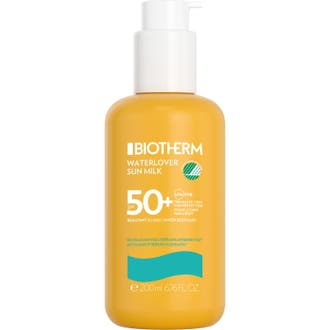 Biotherm Waterlover Sun Milk 200 ml solkrem gir høy solbeskyttelse i en guloransje plastflaske med hvit pumpe