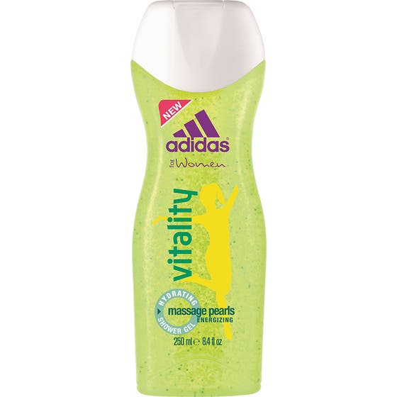 adidas duschgel vitality 250 ml ger en energisk doft med massagepärlor i en ljusgrön flaska med vitt lock