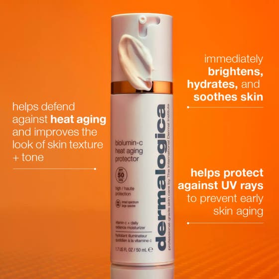 Dermalogica Biolumin-C Heat Aging Protector 50 ml dagkrem med SPF 50 i hvit pumpeflaske som beskytter og gir glød.