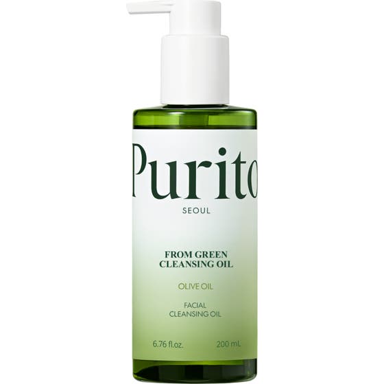 Purito From Green Cleansing Oil 200 ml skonsam rengöringsolja som ger fukt i en grön genomskinlig flaska med vit pump