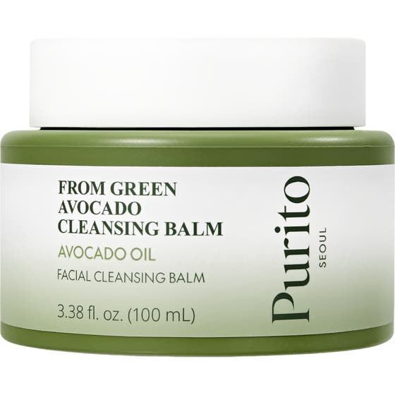 Purito From Green Avocado Cleansing Balm 100 ml nærende ansigtsrens i olivengrøn krukke med hvidt låg