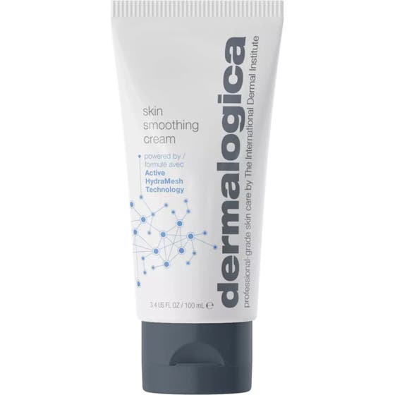 Dermalogica Skin Smoothing Cream 100 ml fugtgivende ansigtscreme i hvid tube med gråt vippelåg og blåt mønster