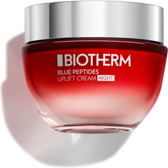 Biotherm Blue Peptides Uplift Cream Night oppstrammende nattkrem i rød glasskrukke med sølvfarget lokk