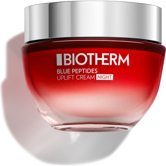 Biotherm Blue Peptides Uplift Cream Night oppstrammende nattkrem i rød glasskrukke med sølvfarget lokk