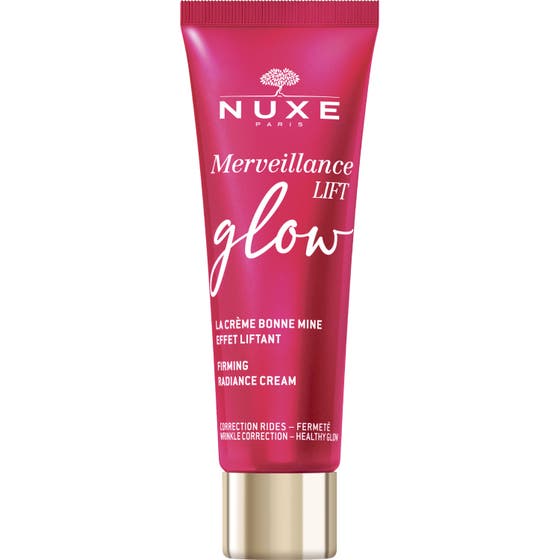 Nuxe Merveillance Lift Glow 50 ml kiinteyttävä kasvovoide heleyttää ihoa vadelmanpunaisessa tuubissa.