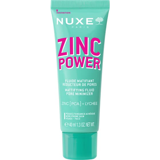Nuxe Zinc Power 40 ml mattapintainen kasvovoide supistaa ihohuokosia turkoosissa muovituubissa.