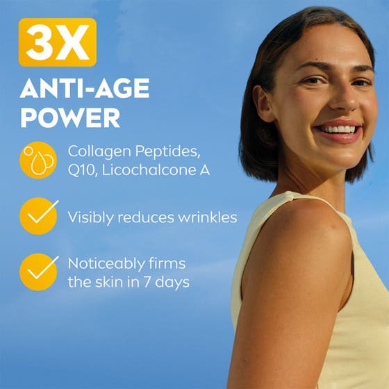 NIVEA UV Face Anti-Age Q10 Cream 40 ml solkräm mot rynkor med leende kvinna mot en blå himmel
