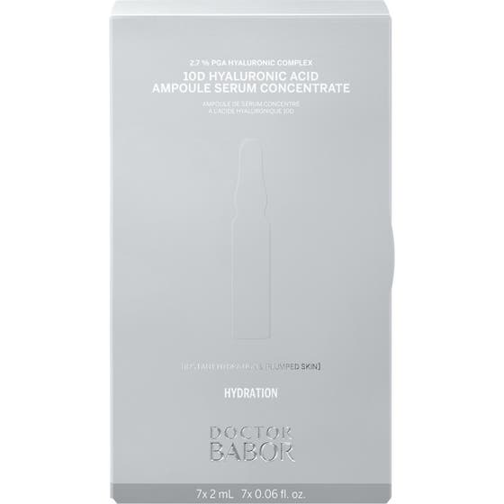 Doctor Babor Hyaluronic Acid 2 ml fuktighetsgivende ampulle i glass med klar væske og sort tekst