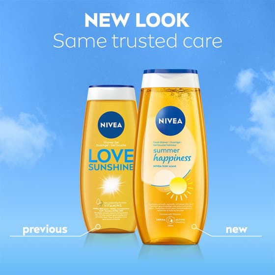 NIVEA Love Sunshine Shower Gel 250 ml dusjsåpe i gul flaske med 99 % biologisk nedbrytbar formel og resirkulert plast.