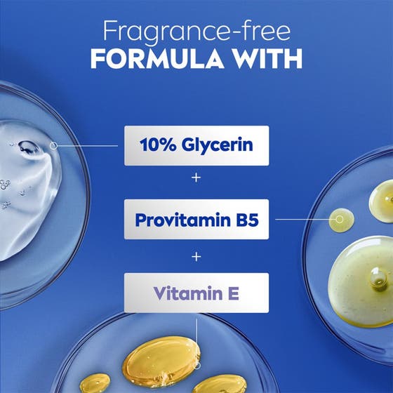 NIVEA Repair & Care Fragrance Free Body Lotion 400 ml lugnar känslig hud och visar en leende kvinna mot blå himmel.