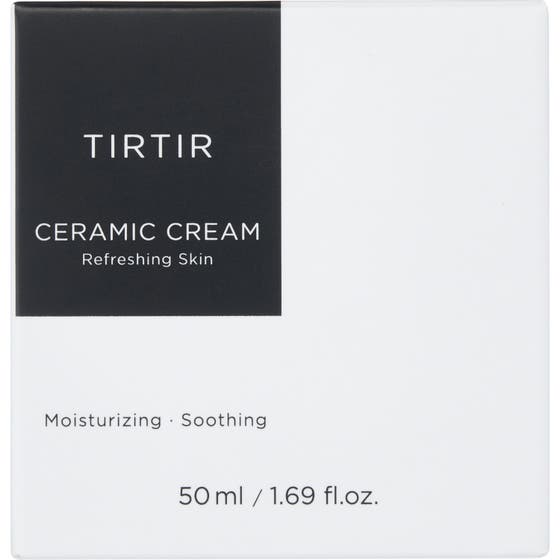 TIRTIR Ceramic Cream 50 ml kosteuttava ja rauhoittava kasvovoide mustavalkoisessa pahvipakkauksessa.