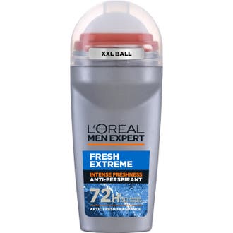 L'Oréal Men Expert Fresh Extreme roll-on deodorant gir 48t friskhet i grå plasthylse med oransje detaljer og stor kule.