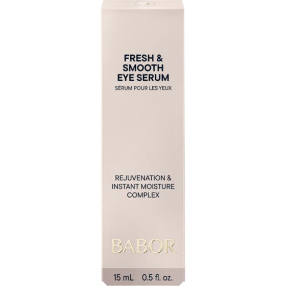 Babor Fresh & Smooth Eye Serum 15 ml fuktighetsgivende øyeserum for tørr hud i hvit ytteremballasje.