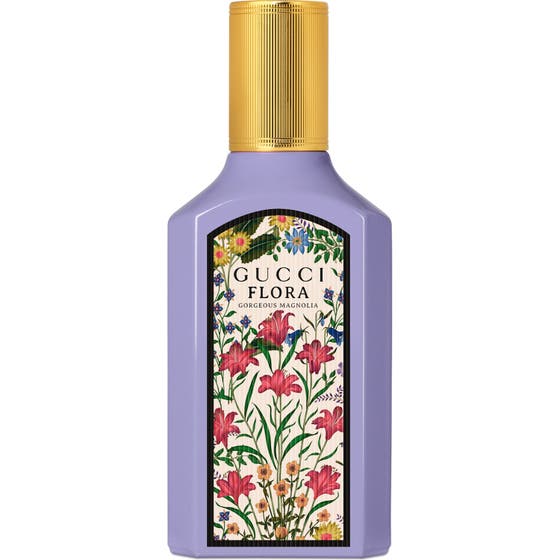 Gucci Flora Gorgeous Magnolia 50ml edp blommig parfym som skapar elegans i lila glasflaska med blommigt mönster och guldlock