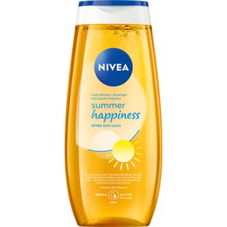 Nivea Love Sunshine 250 ml duschtvål ger en fräsch doft av solsken i en gul transparent flaska med vit solgrafik.