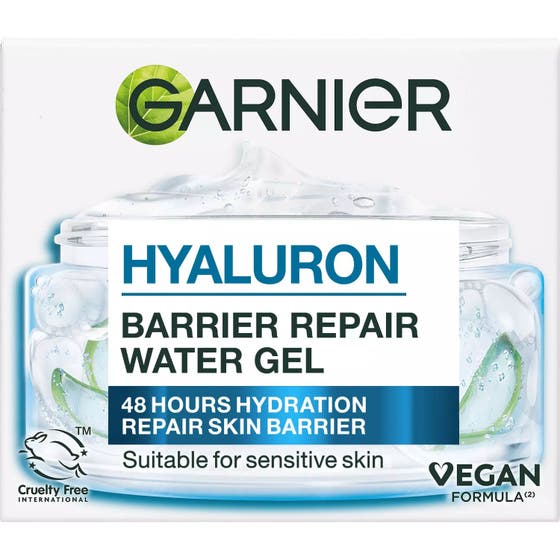 Garnier Hyaluron Barrier Repair Gelcreme 50 ml fuktighetsgivende dagkrem i glasskrukke og eske med aloe vera.