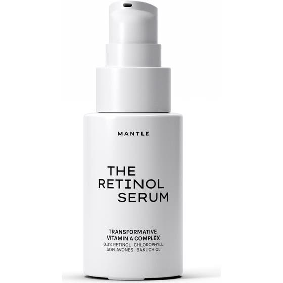 MANTLE The Retinol Serum 30 ml uudistava kasvoseerumi valkoisessa pumppupullossa sisältää bakuchiolia.