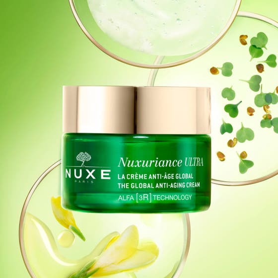 Nuxe Nuxuriance ULTRA 50 ml anti-aging dagkrem i grønn glasskrukke med hvit tekstur og ALFA 3R TECHNOLOGY