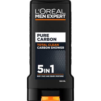 L'Oréal Men Expert Pure Carbon Total Clean 300ml rensende dusjsåpe i svart flaske med grafikk og oransje detalj