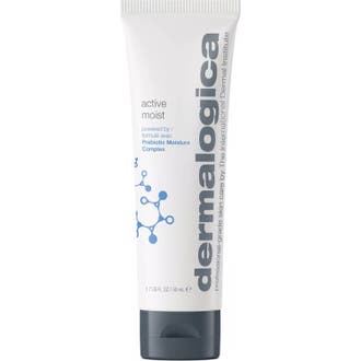 Dermalogica Active Moist 50 ml fuktighetskrem gir fuktbalanse i en hvit tube med grått lokk og blått molekyldesign.