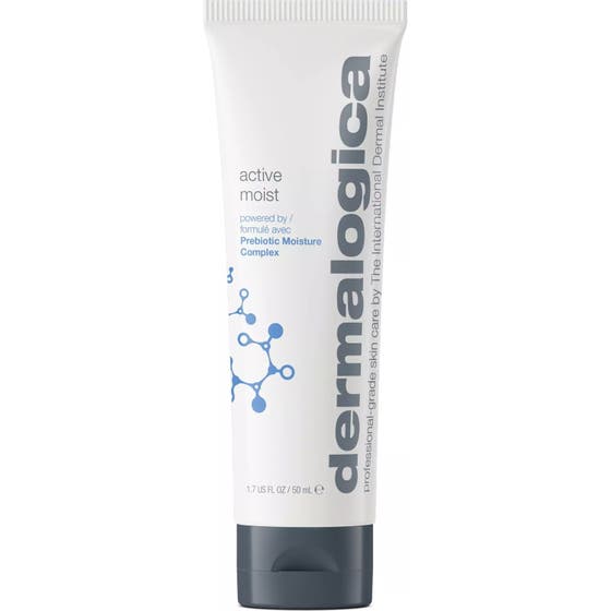 Dermalogica Active Moist 50 ml fuktighetskrem gir fuktbalanse i en hvit tube med grått lokk og blått molekyldesign.