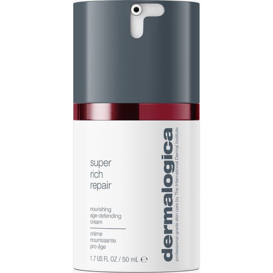 Dermalogica Super Rich Repair 50 ml nærende ansiktskrem i hvit sylindrisk flaske med grått lokk og burgunderrød stripe