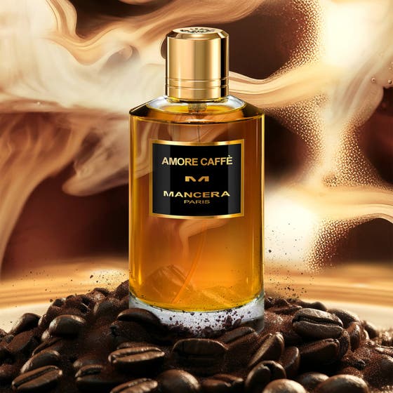 Mancera Amore Caffe Eau De Parfum 120 ml unisexparfume i glasflakon placeret på ristede kaffebønner