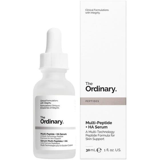 The Ordinary Multi-Peptide + HA Serum 30 ml fuktighetsgivende peptidserum i frostet glassflaske med hvit pipette og eske.