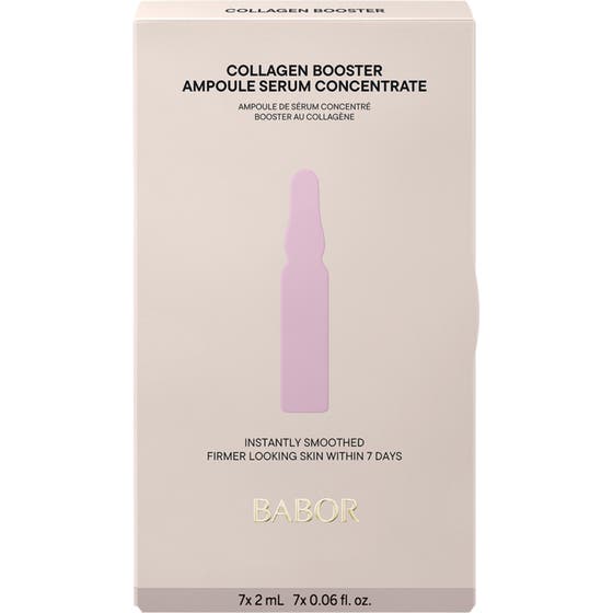 Babor Ampoule Collagen Booster 14 ml oppstrammende ansiktsserum i beige eske med rosa ampulle-illustrasjon.