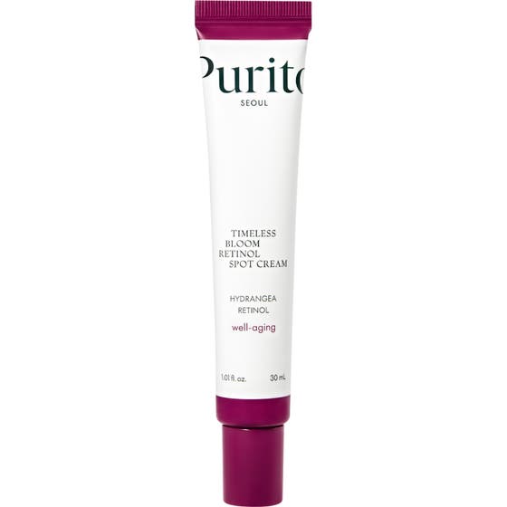 Purito Timeless Bloom Retinol Spot Cream 30 ml well-aging behandling i hvit tube med dyp lilla skrukork