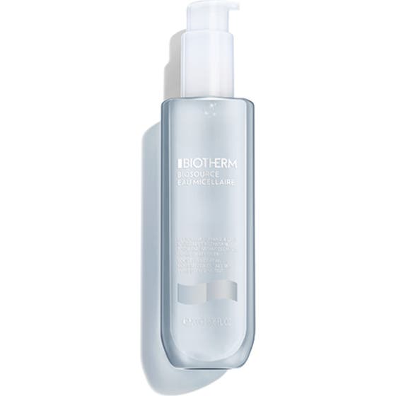 Biotherm Biosource Eau Micellaire 200 ml rensende micellærvann i en klar plastflaske med hvit pumpe