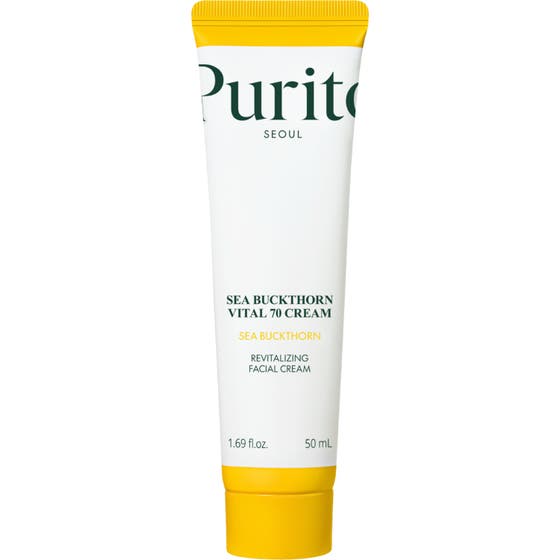 Purito Sea Buckthorn Vital 70 Cream 50 ml kirkastava kasvovoide valkoisessa ja oranssissa tuubissa.