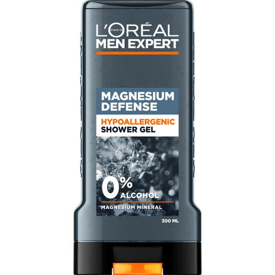 L'Oréal Men Expert Magnesium Defence duschtvål för män allergitestad i grå genomskinlig flaska med svart lock