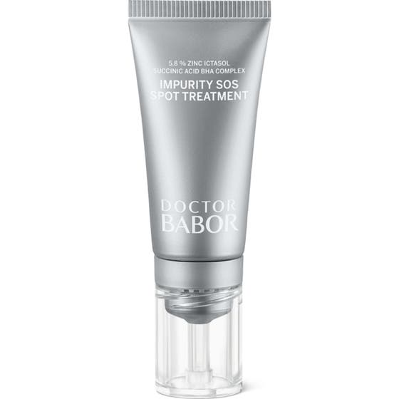 Doctor Babor Impurity SOS Spot Treatment med BHA syra för acne behandling i silverfärgad tub med genomskinlig kork
