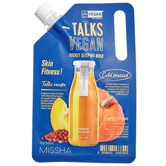 Missha Talks Vegan Pocket Sleeping Mask 10 g sovmask ansiktsvård i en blå påse med vit skruvkork och motiv av en pumpa.
