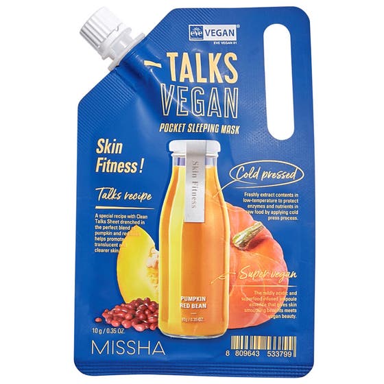 Missha Talks Vegan Pocket Sleeping Mask 10 g sovmask ansiktsvård i en blå påse med vit skruvkork och motiv av en pumpa.