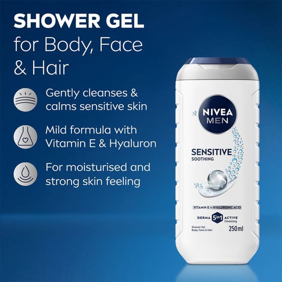 NIVEA MEN Sensitive dusjsåpe 250 ml med beroligende bambusekstrakt i hvit flaske med grønne blader.