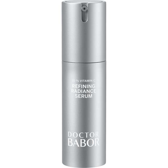 Doctor Babor Refining Radiance Serum med 10 % Vitamin C gir glød i en sølvfarget sylinderflaske med pumpe