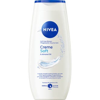 Nivea Creme Soft 250 ml fuktighetsbevarande duschkräm med mandelolja i vit plastflaska med blå detaljer