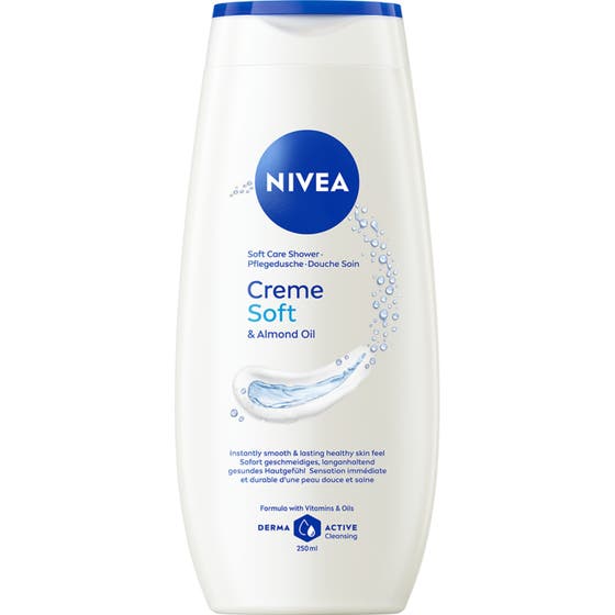 Nivea Creme Soft Care Shower 250 ml pleiende dusjsåpe med mandelolje i hvit plastflaske med blått lokk