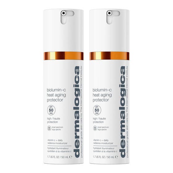Dermalogica Biolumin-C Heat Aging Protector 50 ml SPF 50 dagkrem i to hvite pumpeflasker med oransje detaljer.
