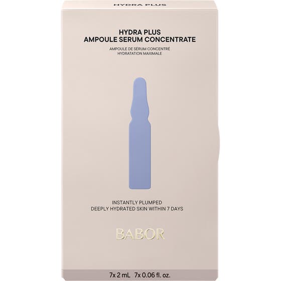 Babor Ampoule Hydra Plus 14 ml fuktgivende serum i beige eske med blå ampullesiluett som gir fuktighet