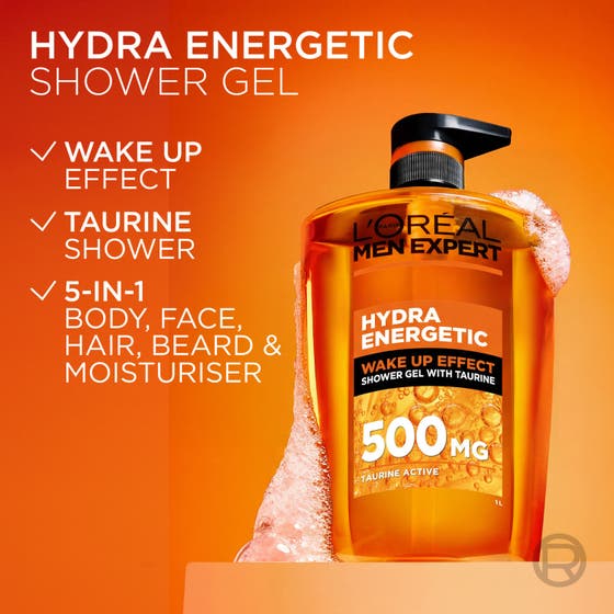 L'Oréal Paris Men Expert Hydra Energetic Shower Gel 1000 ml oppfriskende dusjsåpe i oransje pumpeflaske med en mann.